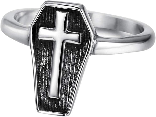 Stainless Steel Christian Cross Coffin Shape Religious Prayer Cocktail Party Halloween Biker Ring Silver / 9