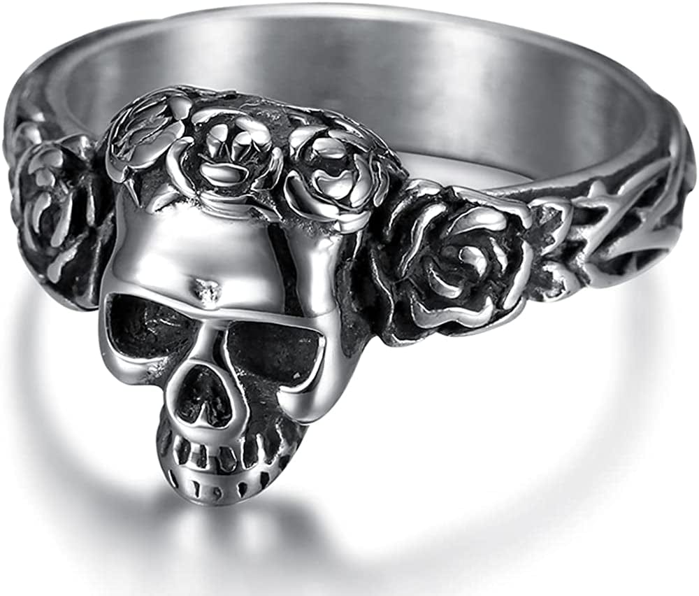 Stainless Steel Gothic Skull Head Halloween Biker Cocktail Party Vampire Rock Hiphop Viking Ring Silver / 5