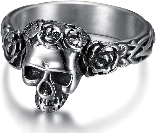 Stainless Steel Gothic Skull Head Halloween Biker Cocktail Party Vampire Rock Hiphop Viking Ring Silver / 5