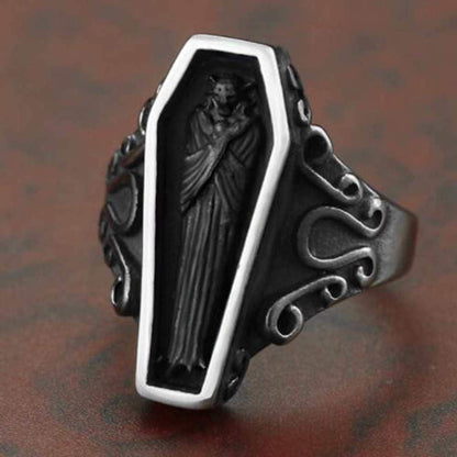 Stainless Steel Retro Vintage Vampire Coffin Cocktail Party Biker Halloween Ring