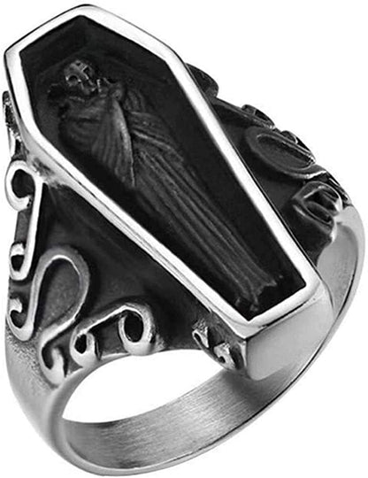 Stainless Steel Retro Vintage Vampire Coffin Cocktail Party Biker Halloween Ring Silver Black / 13