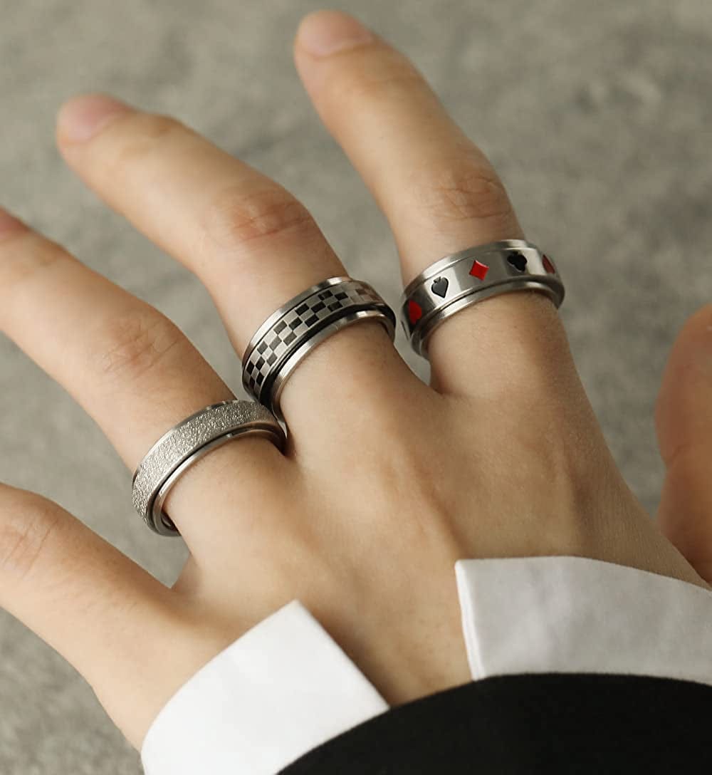 Stainless Steel Rings for Men, Fidget Rings for Anxiety for Women, Sliver Fidget Rings, Cool Male Spinner Ring Set, Black Mens Band Ring Pack