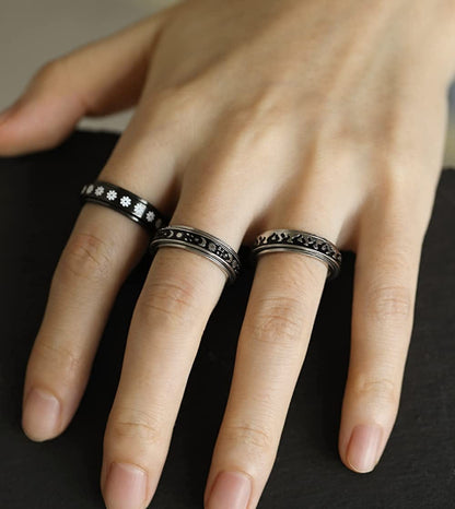 Stainless Steel Rings for Men, Fidget Rings for Anxiety for Women, Sliver Fidget Rings, Cool Male Spinner Ring Set, Black Mens Band Ring Pack