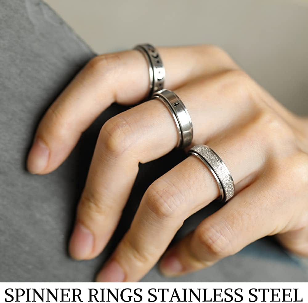 Stainless Steel Rings for Men, Fidget Rings for Anxiety for Women, Sliver Fidget Rings, Cool Male Spinner Ring Set, Black Mens Band Ring Pack