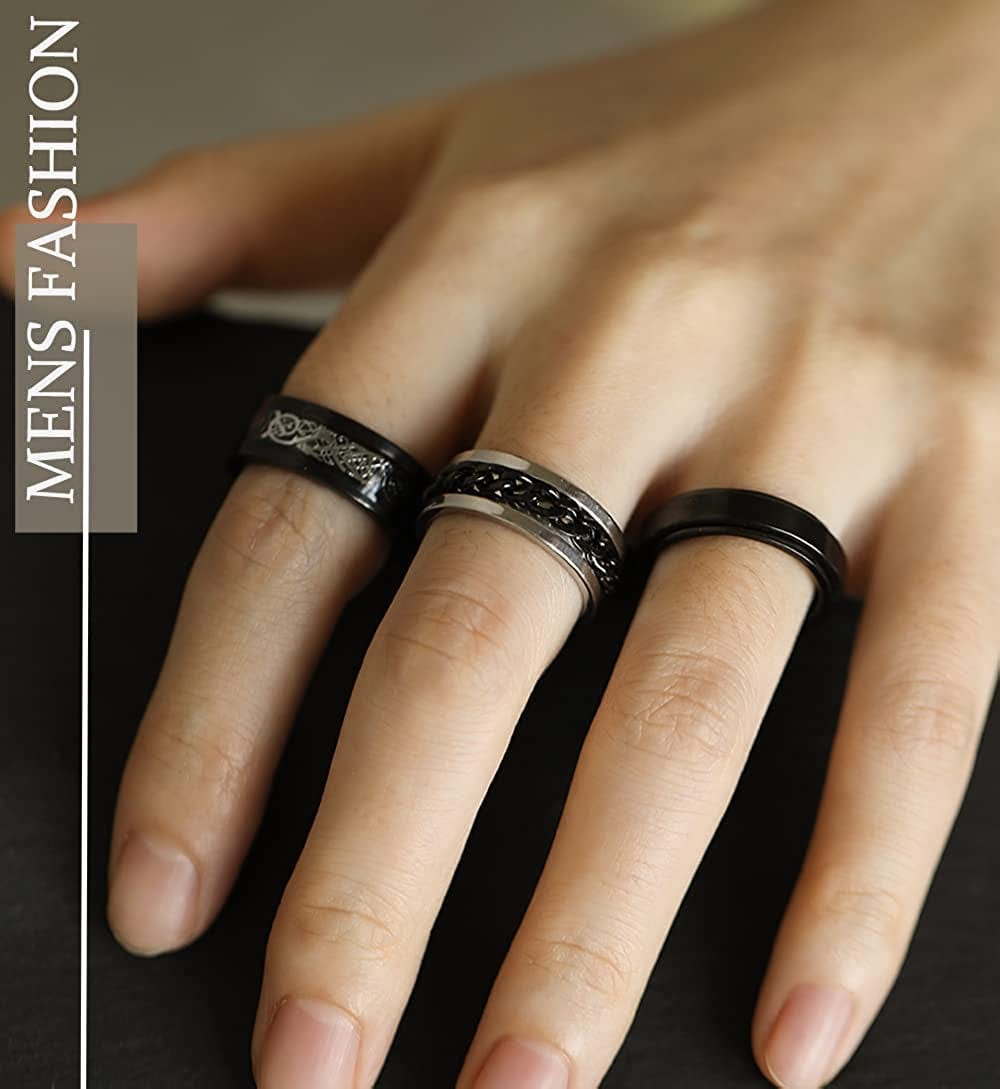 Stainless Steel Rings for Men, Fidget Rings for Anxiety for Women, Sliver Fidget Rings, Cool Male Spinner Ring Set, Black Mens Band Ring Pack