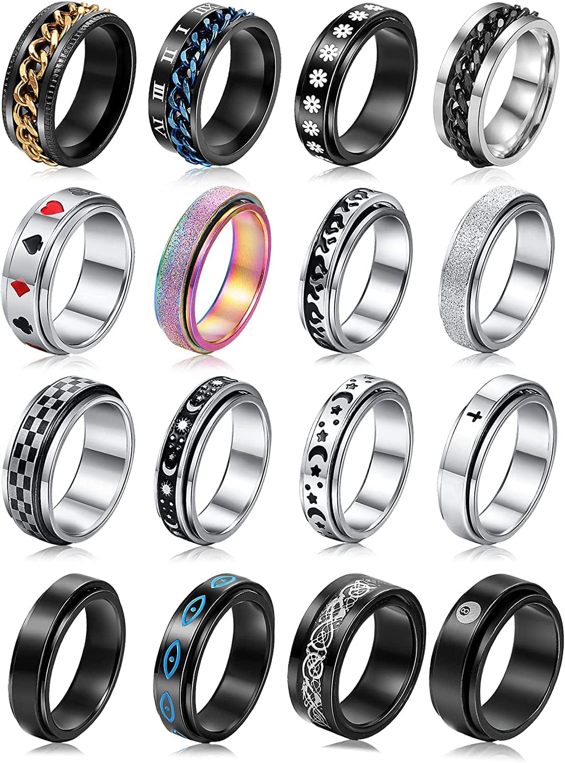 Stainless Steel Rings for Men, Fidget Rings for Anxiety for Women, Sliver Fidget Rings, Cool Male Spinner Ring Set, Black Mens Band Ring Pack 16pcs fidget rings / 11
