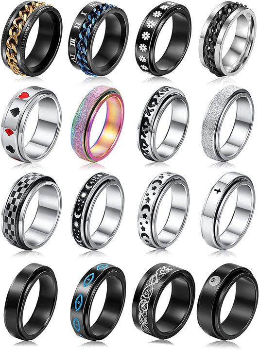 Stainless Steel Rings for Men, Fidget Rings for Anxiety for Women, Sliver Fidget Rings, Cool Male Spinner Ring Set, Black Mens Band Ring Pack 16pcs fidget rings / 11