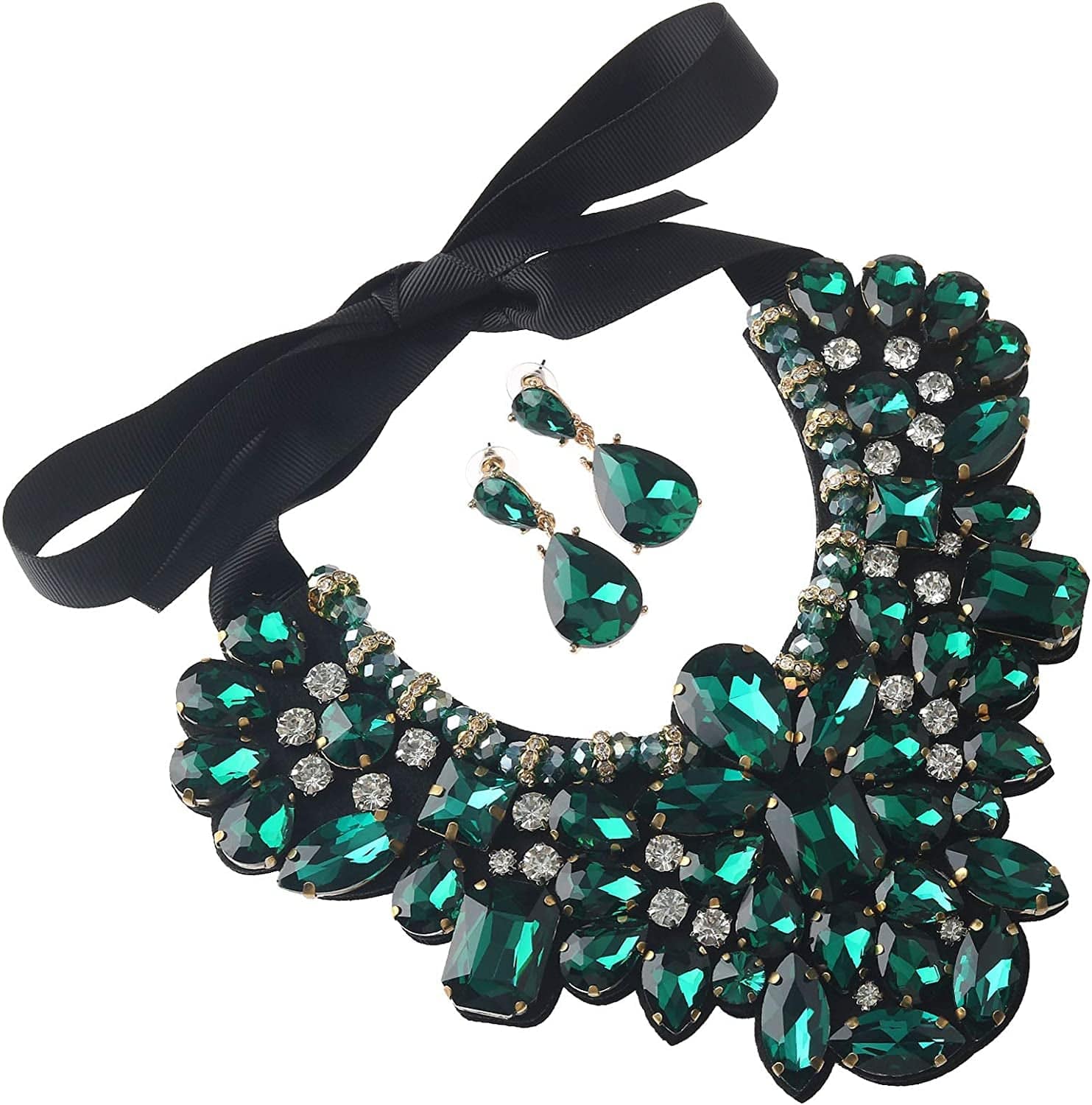 Statement Choker Necklace Earrings for Women, Costume Chunky Jewelry 1 Set HLN8455E-Green
