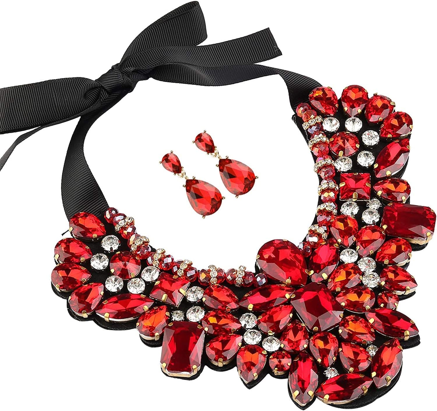 Statement Choker Necklace Earrings for Women, Costume Chunky Jewelry 1 Set HLN8455E-Red