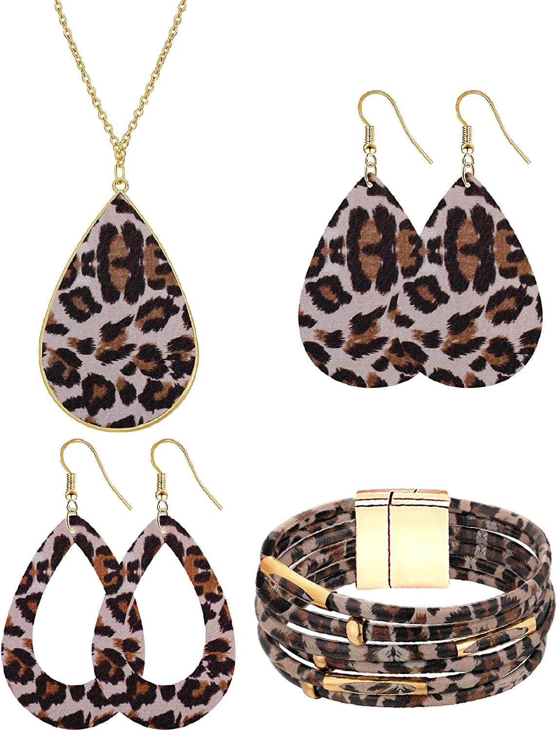 Statement Leopard Jewelry Set for Women Leopard Leather Bracelet Teardrop Drop Dangle Earrings Long Tassel Pendant Necklace Mother'S Day Necklace Earrings Gift Leopard jewelry set