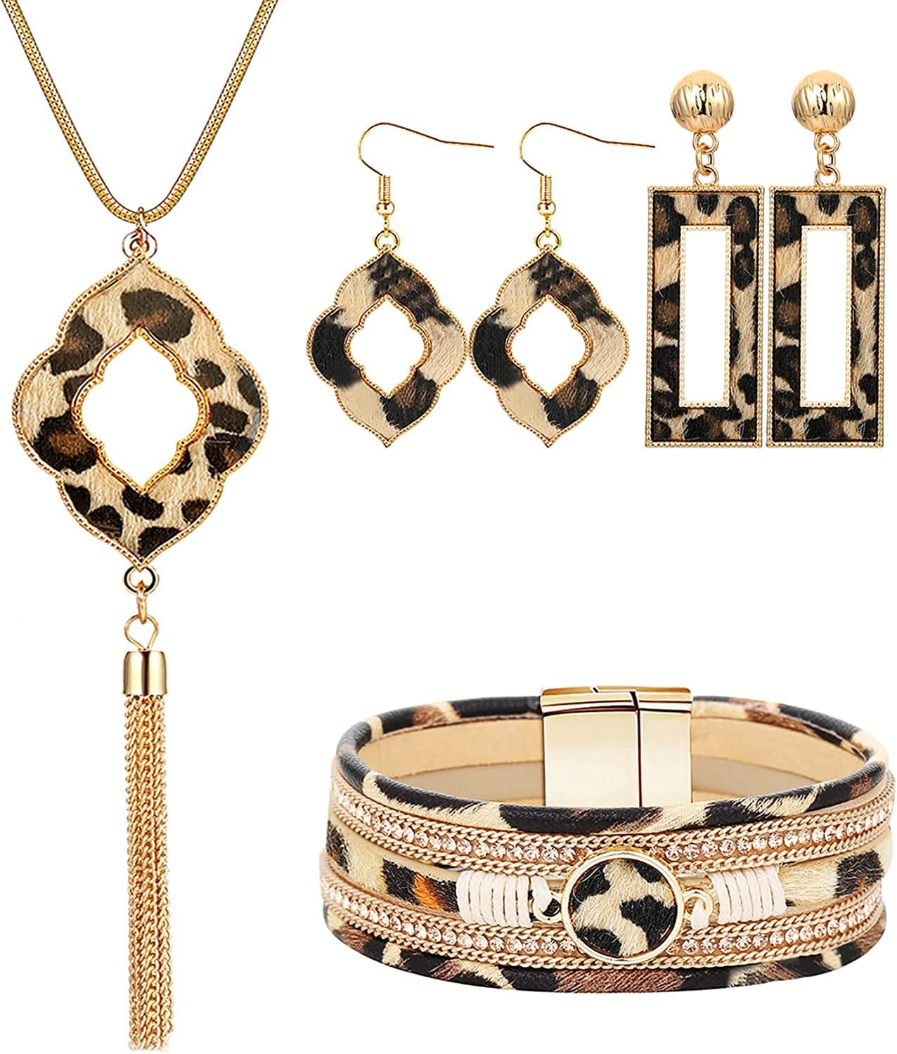 Statement Leopard Jewelry Set for Women Leopard Leather Bracelet Teardrop Drop Dangle Earrings Long Tassel Pendant Necklace Mother'S Day Necklace Earrings Gift 3-Leopard series jewelry set