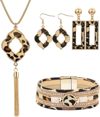 Statement Leopard Jewelry Set for Women Leopard Leather Bracelet Teardrop Drop Dangle Earrings Long Tassel Pendant Necklace Mother'S Day Necklace Earrings Gift 3-Leopard series jewelry set