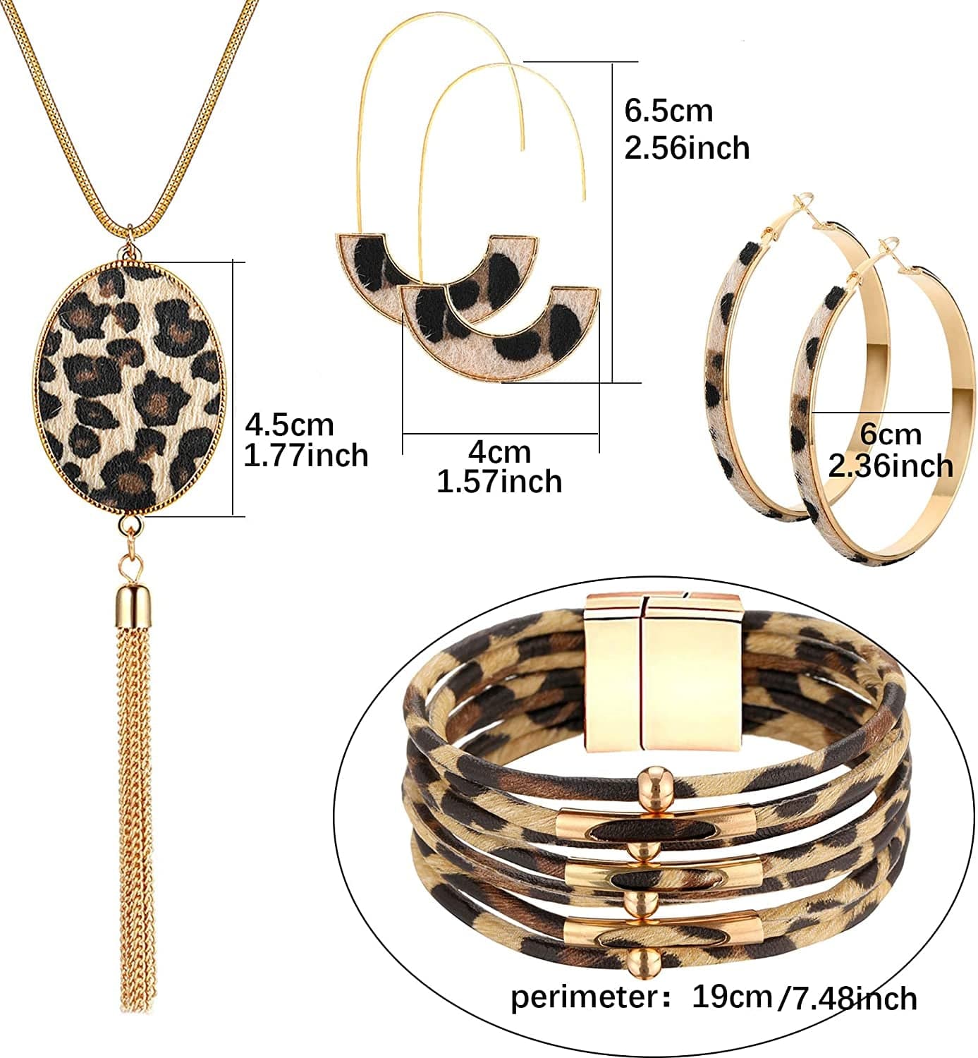 Statement Leopard Jewelry Set for Women Leopard Leather Bracelet Teardrop Drop Dangle Earrings Long Tassel Pendant Necklace Mother'S Day Necklace Earrings Gift