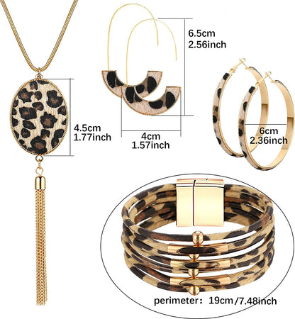 Statement Leopard Jewelry Set for Women Leopard Leather Bracelet Teardrop Drop Dangle Earrings Long Tassel Pendant Necklace Mother'S Day Necklace Earrings Gift