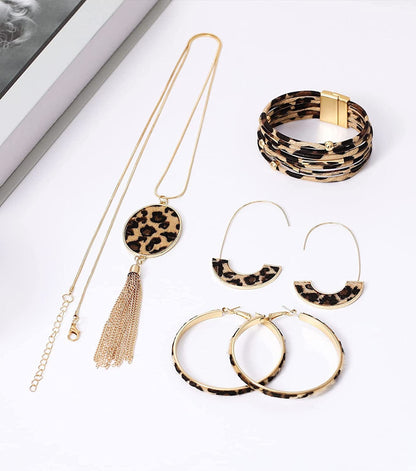 Statement Leopard Jewelry Set for Women Leopard Leather Bracelet Teardrop Drop Dangle Earrings Long Tassel Pendant Necklace Mother'S Day Necklace Earrings Gift