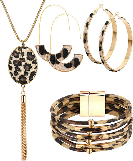 Statement Leopard Jewelry Set for Women Leopard Leather Bracelet Teardrop Drop Dangle Earrings Long Tassel Pendant Necklace Mother'S Day Necklace Earrings Gift 2-Leopard series jewelry