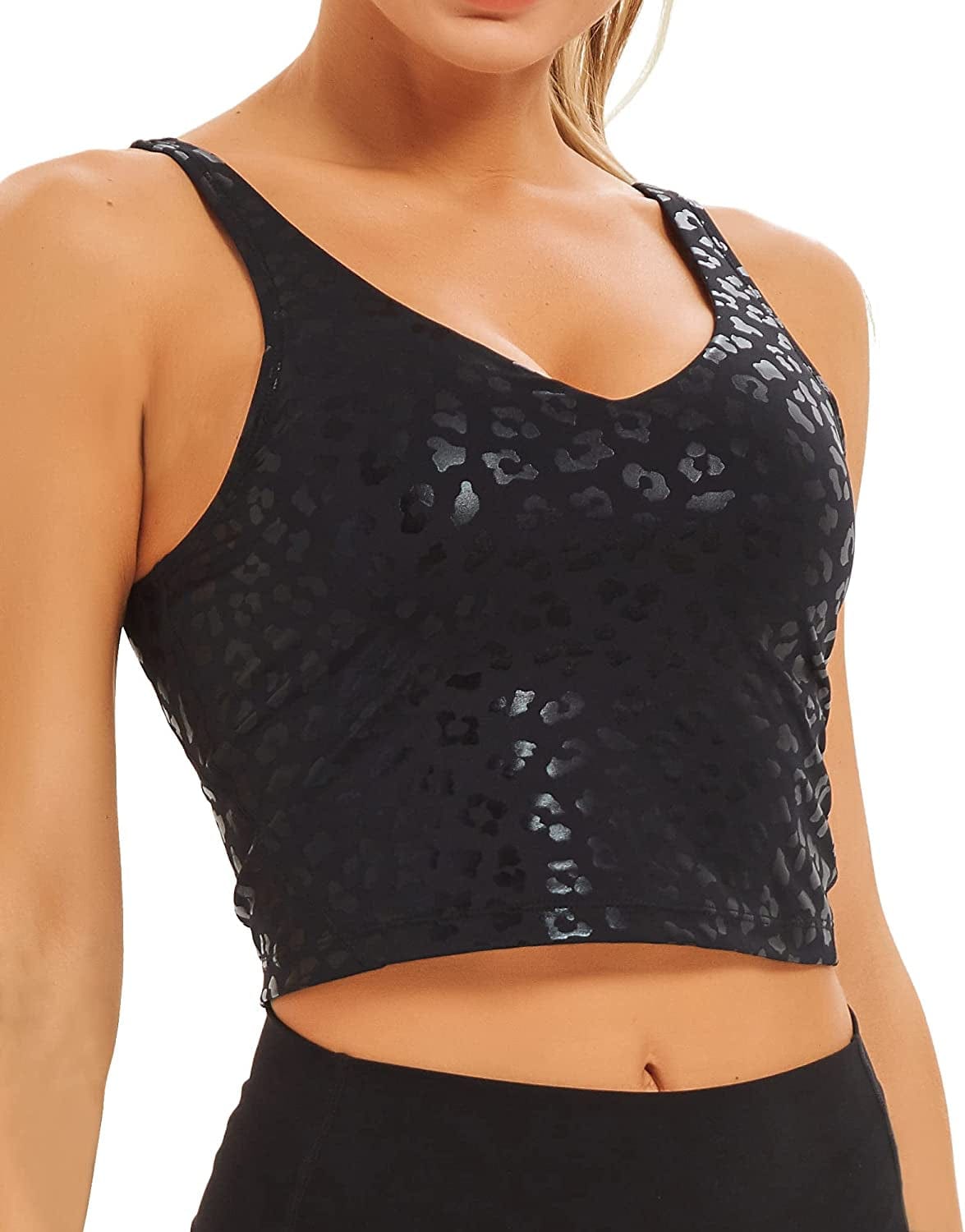 Stelle Women’S Longline Sports Bra Wirefree Padded Crop Tank Top Medium Support for Yoga Workout Fitness 1-black Leopard / X-Small
