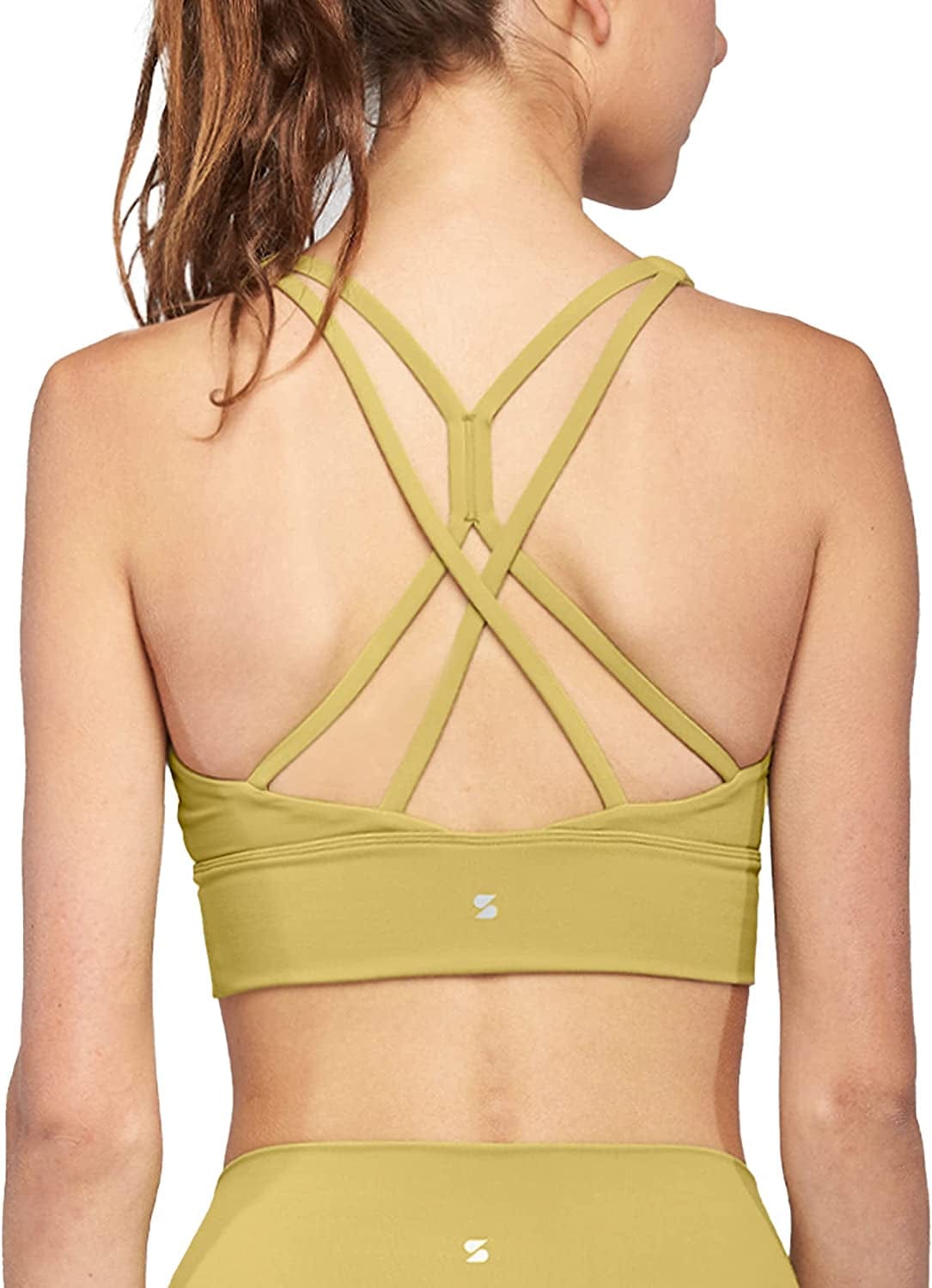 Stelle Women’S Longline Sports Bra Wirefree Padded Crop Tank Top Medium Support for Yoga Workout Fitness 2-golden Lime (Crisscross Back) / Small