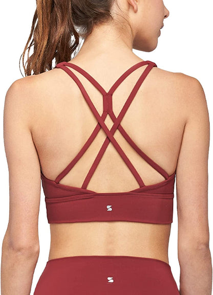 Stelle Women’S Longline Sports Bra Wirefree Padded Crop Tank Top Medium Support for Yoga Workout Fitness 2-burgundy (Crisscross Back) / X-Small