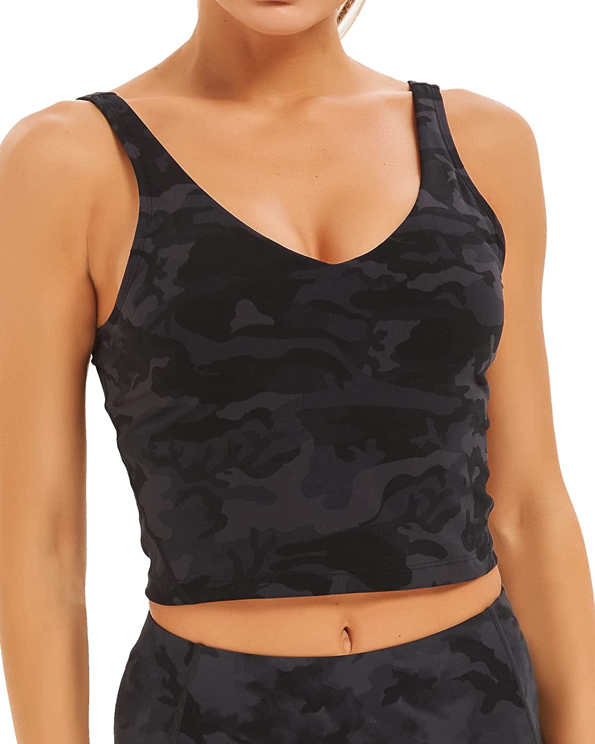 Stelle Women’S Longline Sports Bra Wirefree Padded Crop Tank Top Medium Support for Yoga Workout Fitness 1-black&grey Camo / Large