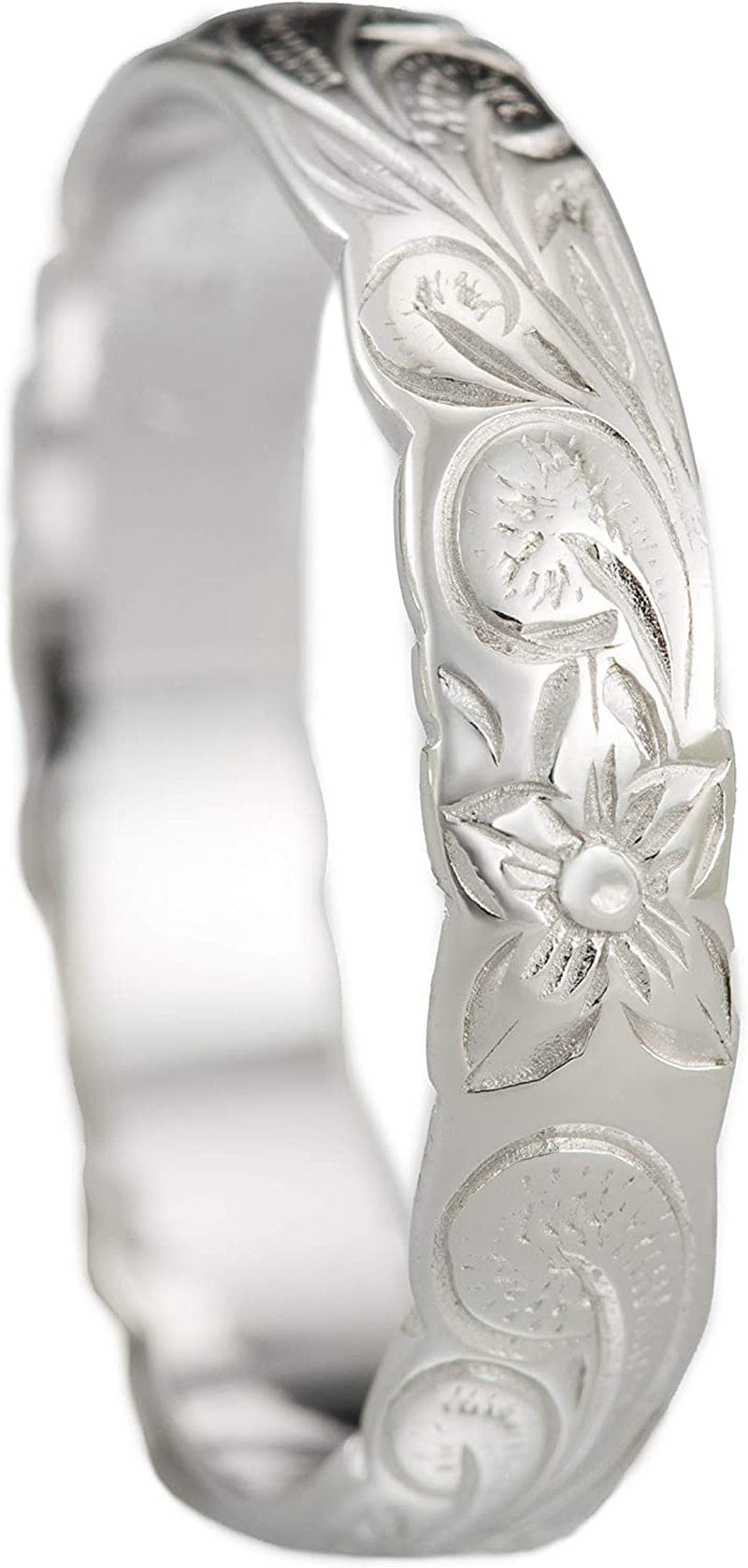 Sterling Silver 4Mm Hawaiian Princess Plumeria Flower Scroll Ring Stackable Wedding Band Silver / 5