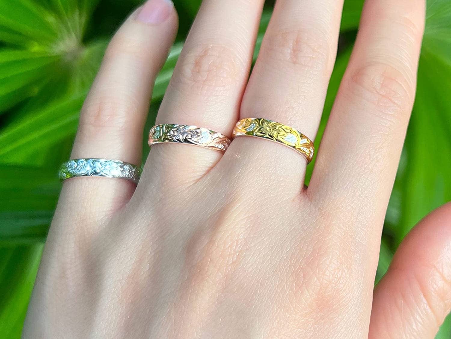 Sterling Silver 4Mm Hawaiian Princess Plumeria Flower Scroll Ring Stackable Wedding Band