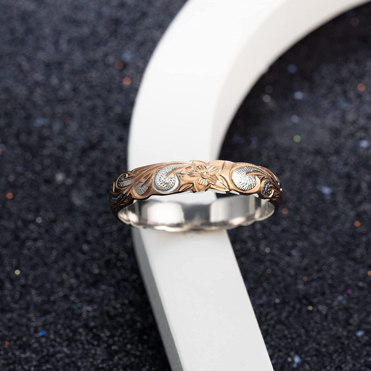Sterling Silver 4Mm Hawaiian Princess Plumeria Flower Scroll Ring Stackable Wedding Band