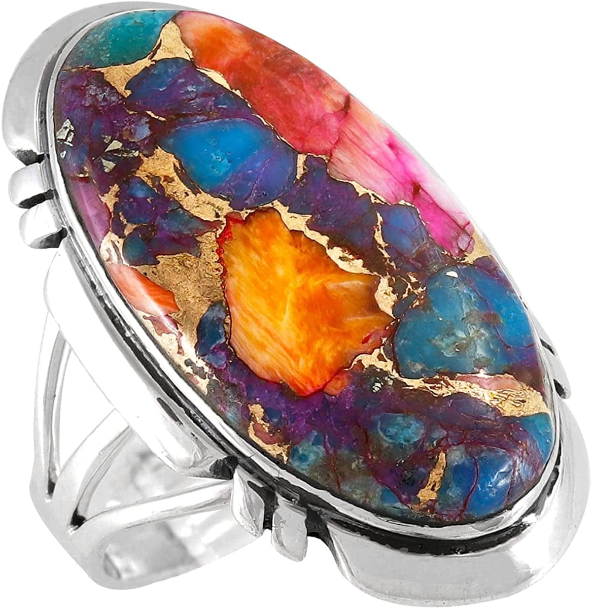 Sterling Silver 925 Ring with Genuine Turquoise (SELECT Color) Rainbow Spiny Turquoise / 9