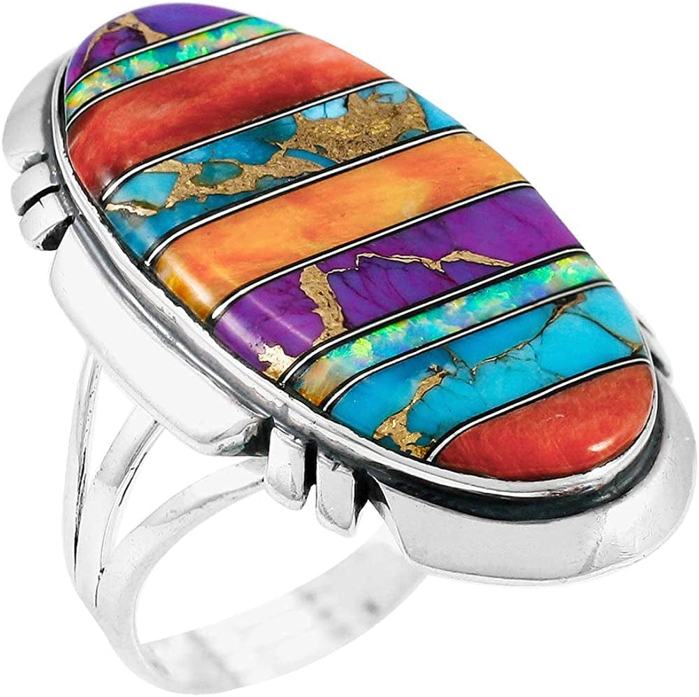Sterling Silver 925 Ring with Genuine Turquoise (SELECT Color) Multi-C00 / 6