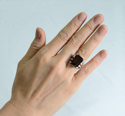 Sterling Silver 925 Statement Ring Genuine Gemstone Octagon 16X12 Mm with Rhodium-Plated Finish 5 / Quartz