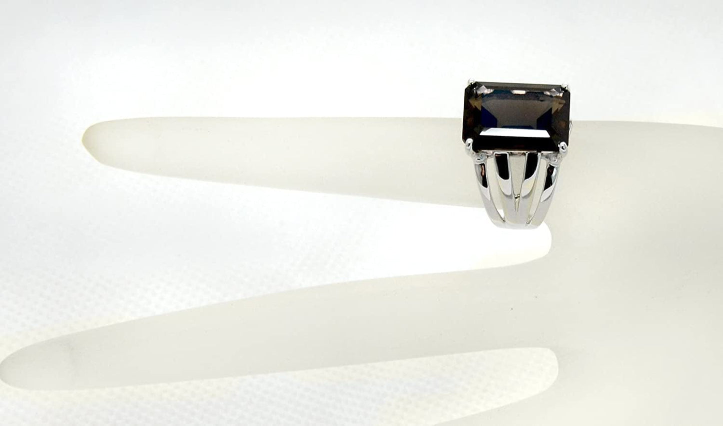 Sterling Silver 925 Statement Ring Genuine Gemstone Octagon 16X12 Mm with Rhodium-Plated Finish 5 / Quartz