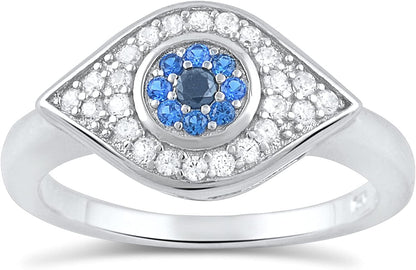 Sterling Silver Blue Cz Evil Eye Ring 6Mm - (Size 4 - 11)