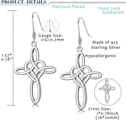Sterling Silver Celtic Knot Cross Dangle Earrings White Gold Plated Good Luck Vintage Cross Drop Earrings Irish Jewelry Silver