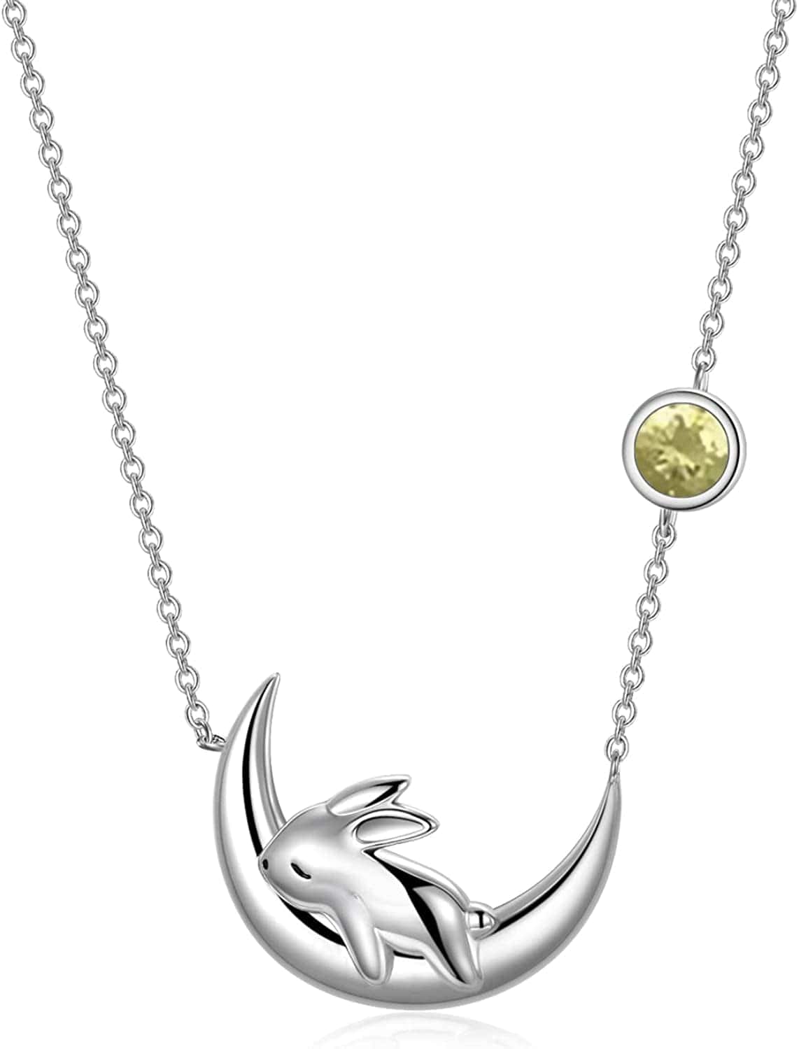 Sterling Silver Cute Bunny on the Moon Necklace for Women, Simulated Moonstone Pendant Necklaces, June Birthday Gift for Women Girls August
