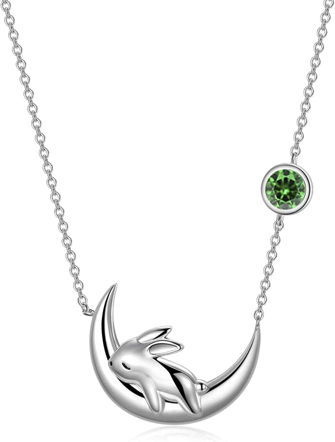 Sterling Silver Cute Bunny on the Moon Necklace for Women, Simulated Moonstone Pendant Necklaces, June Birthday Gift for Women Girls May