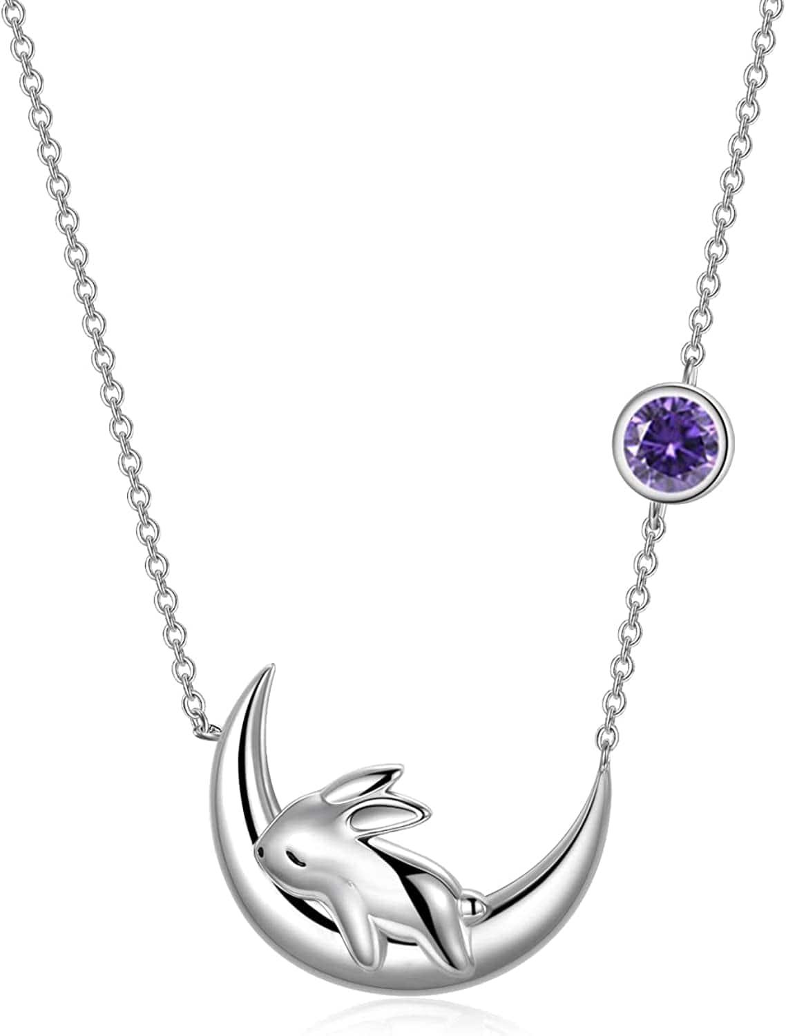 Sterling Silver Cute Bunny on the Moon Necklace for Women, Simulated Moonstone Pendant Necklaces, June Birthday Gift for Women Girls February