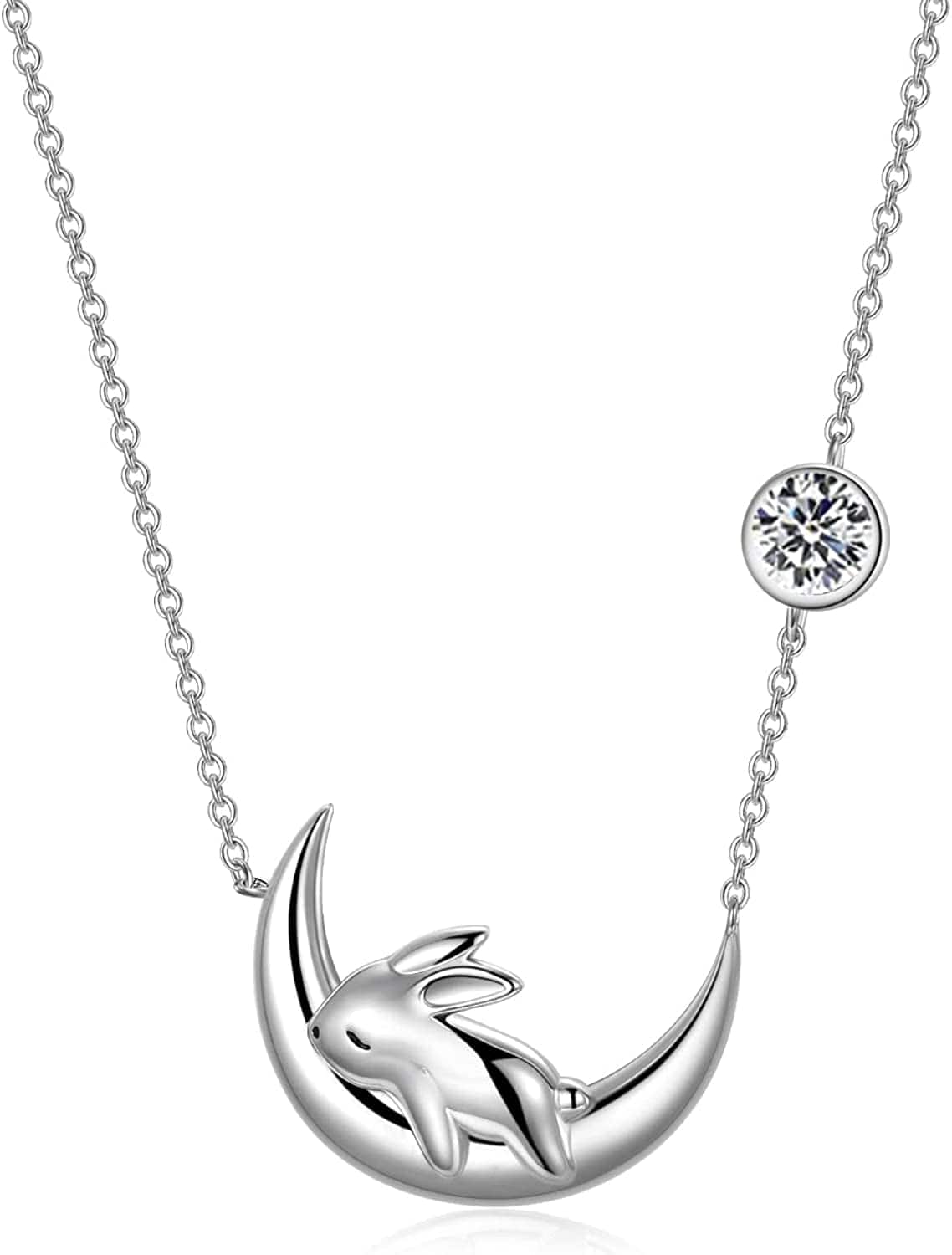Sterling Silver Cute Bunny on the Moon Necklace for Women, Simulated Moonstone Pendant Necklaces, June Birthday Gift for Women Girls April