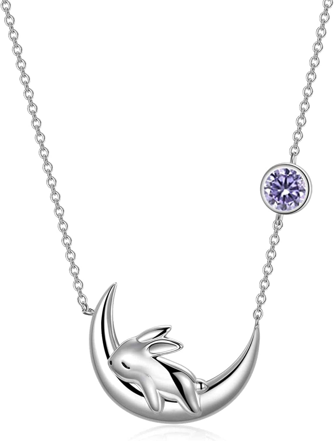 Sterling Silver Cute Bunny on the Moon Necklace for Women, Simulated Moonstone Pendant Necklaces, June Birthday Gift for Women Girls June