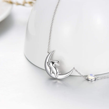 Sterling Silver Cute Bunny on the Moon Necklace for Women, Simulated Moonstone Pendant Necklaces, June Birthday Gift for Women Girls