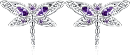 Sterling Silver Dragonfly Earrings for Women: Celtic Infinity Dangle Dragonfly Earrings Christmas Jewelry Gifts for Dragonfly Lovers Purple dragonfly studs