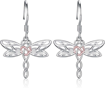 Sterling Silver Dragonfly Earrings for Women: Celtic Infinity Dangle Dragonfly Earrings Christmas Jewelry Gifts for Dragonfly Lovers RoseGold heart dragonfly