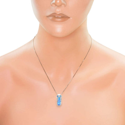 Sterling Silver Flip Flop CZ Accented Necklace Pendant with Simulated Blue Opal and 18" Box Chain