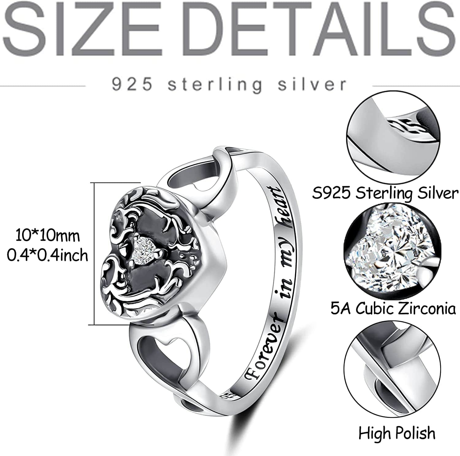 Sterling Silver Forever in My Heart Cremation Jewelry Urn Rings Hold Loved Ones Ashes - Tree of Life Urn Finger Rings Memorial Ashes Keepsake Jewelry Gifts for Women Men