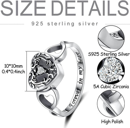 Sterling Silver Forever in My Heart Cremation Jewelry Urn Rings Hold Loved Ones Ashes - Tree of Life Urn Finger Rings Memorial Ashes Keepsake Jewelry Gifts for Women Men