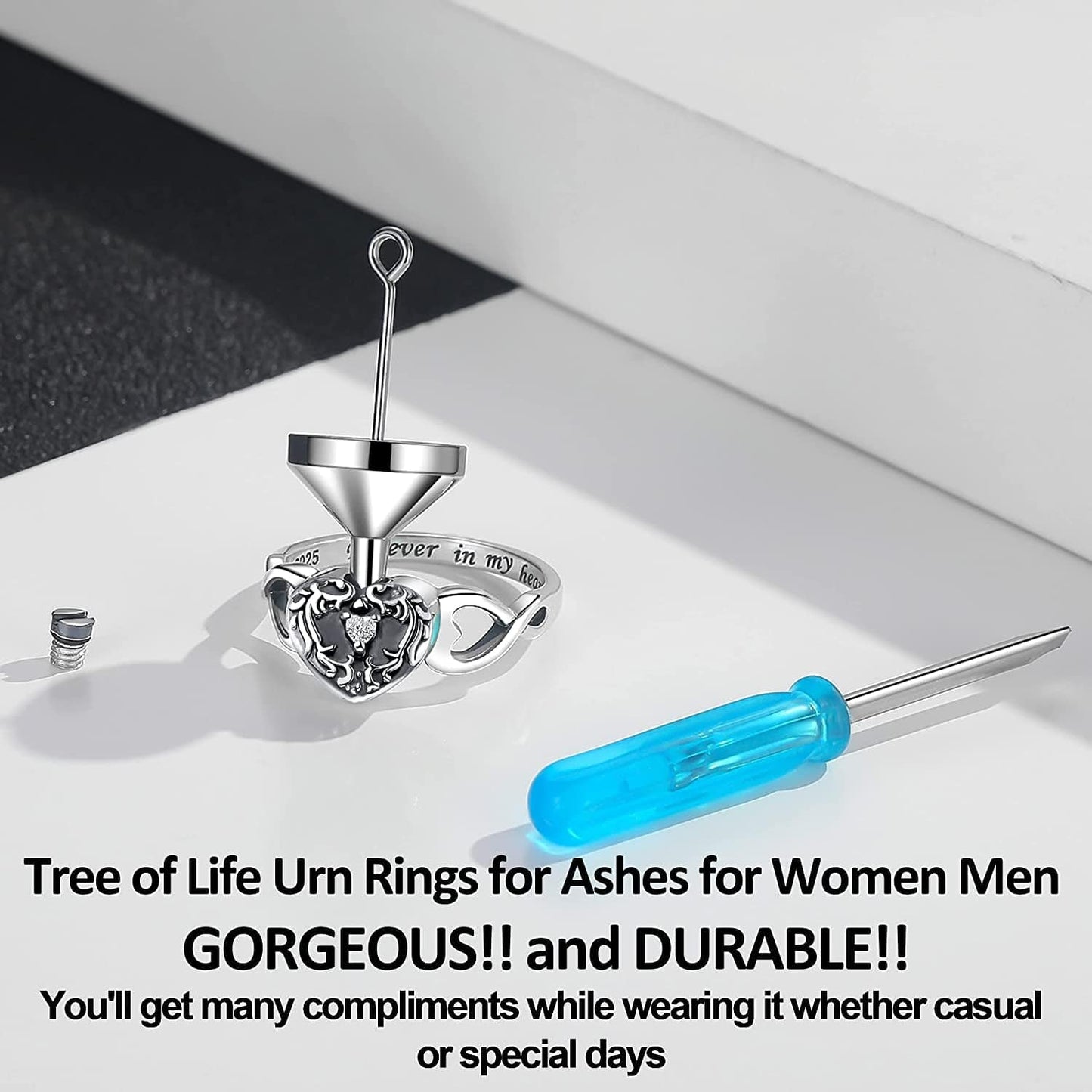 Sterling Silver Forever in My Heart Cremation Jewelry Urn Rings Hold Loved Ones Ashes - Tree of Life Urn Finger Rings Memorial Ashes Keepsake Jewelry Gifts for Women Men