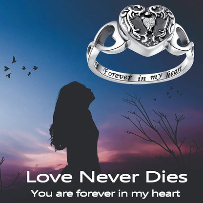Sterling Silver Forever in My Heart Cremation Jewelry Urn Rings Hold Loved Ones Ashes - Tree of Life Urn Finger Rings Memorial Ashes Keepsake Jewelry Gifts for Women Men