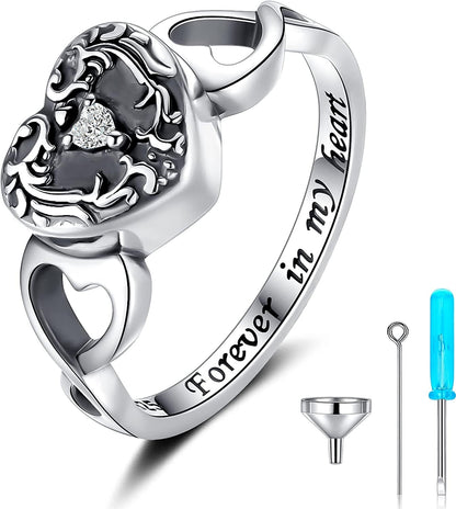 Sterling Silver Forever in My Heart Cremation Jewelry Urn Rings Hold Loved Ones Ashes - Tree of Life Urn Finger Rings Memorial Ashes Keepsake Jewelry Gifts for Women Men 10
