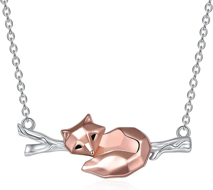 Sterling Silver Fox/Frog Necklace for Women Origami Fox/Frog Moon Necklace Gifts for Women Mom Branch fox