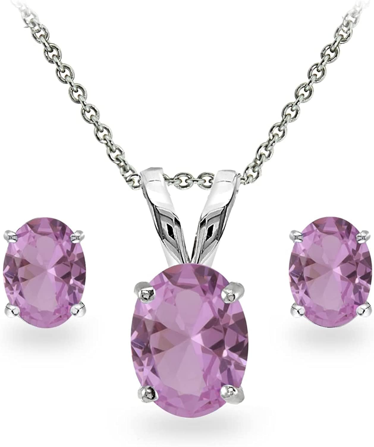 Sterling Silver Genuine, Created or Simulated Gemstone Oval Solitaire Necklace & Stud Earrings Jewelry Set for Women Girls Bridesmaids Simulated Kunzite