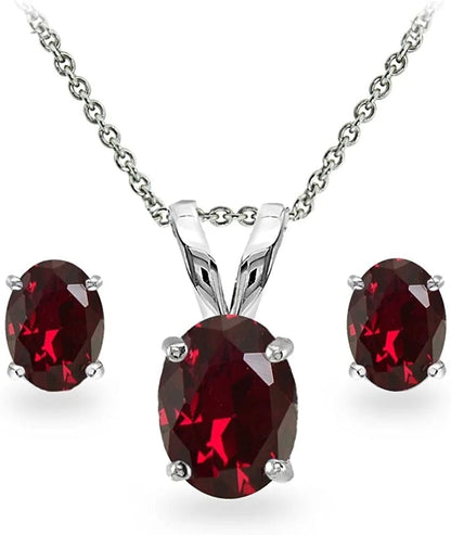 Sterling Silver Genuine, Created or Simulated Gemstone Oval Solitaire Necklace & Stud Earrings Jewelry Set for Women Girls Bridesmaids Synthetic Ruby - Sterling Silver
